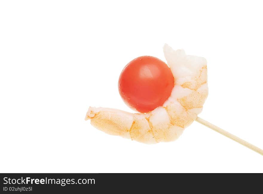 Prawn and tomato on a stick