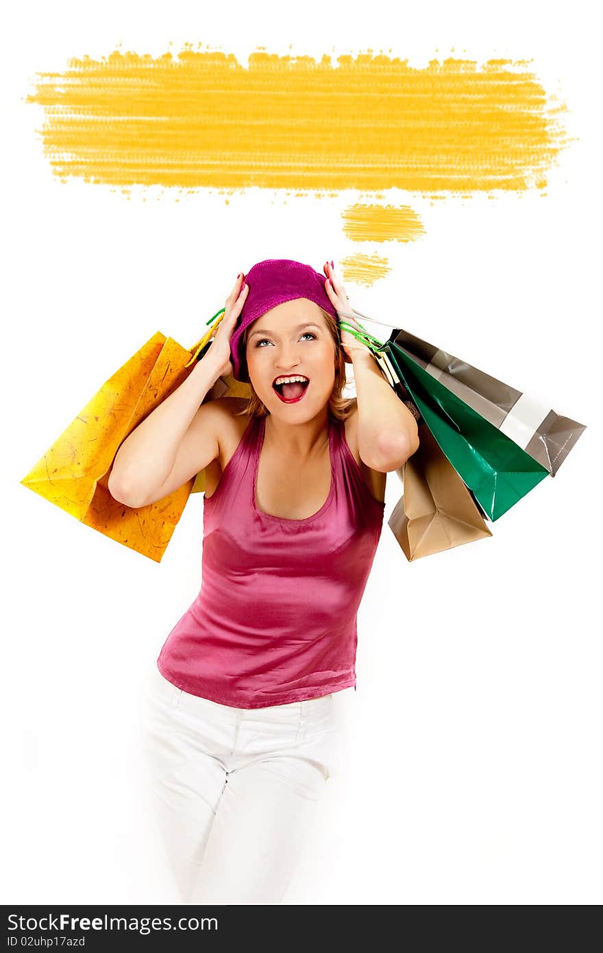 Young pretty shopping woman thinking . blank place for your text design