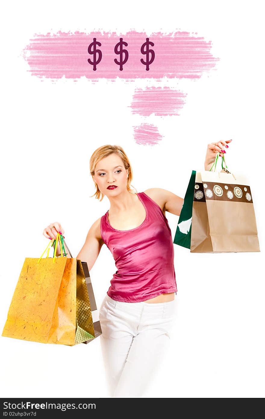 Young pretty shopping woman thinking about money. creative design