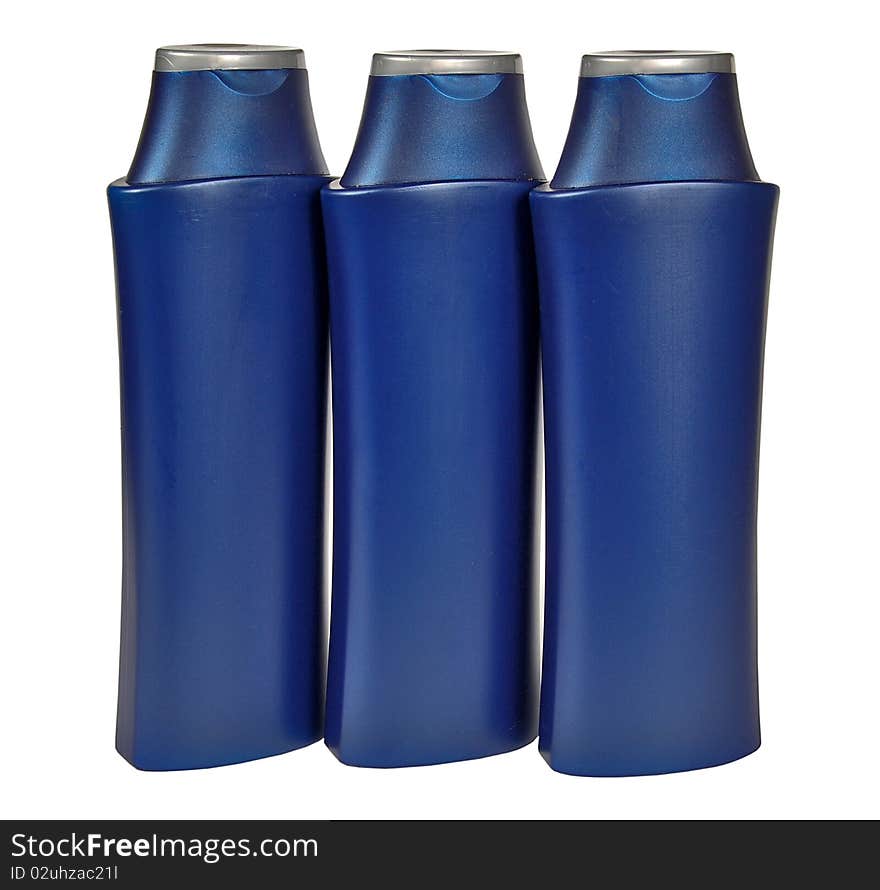 Three dark blue plastic bottles