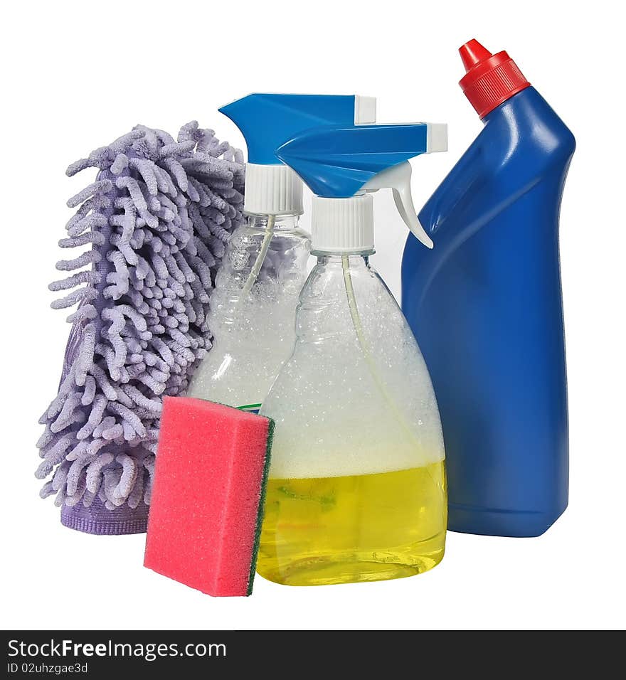 Bottles with cleaners isolated on a white background. Bottles with cleaners isolated on a white background