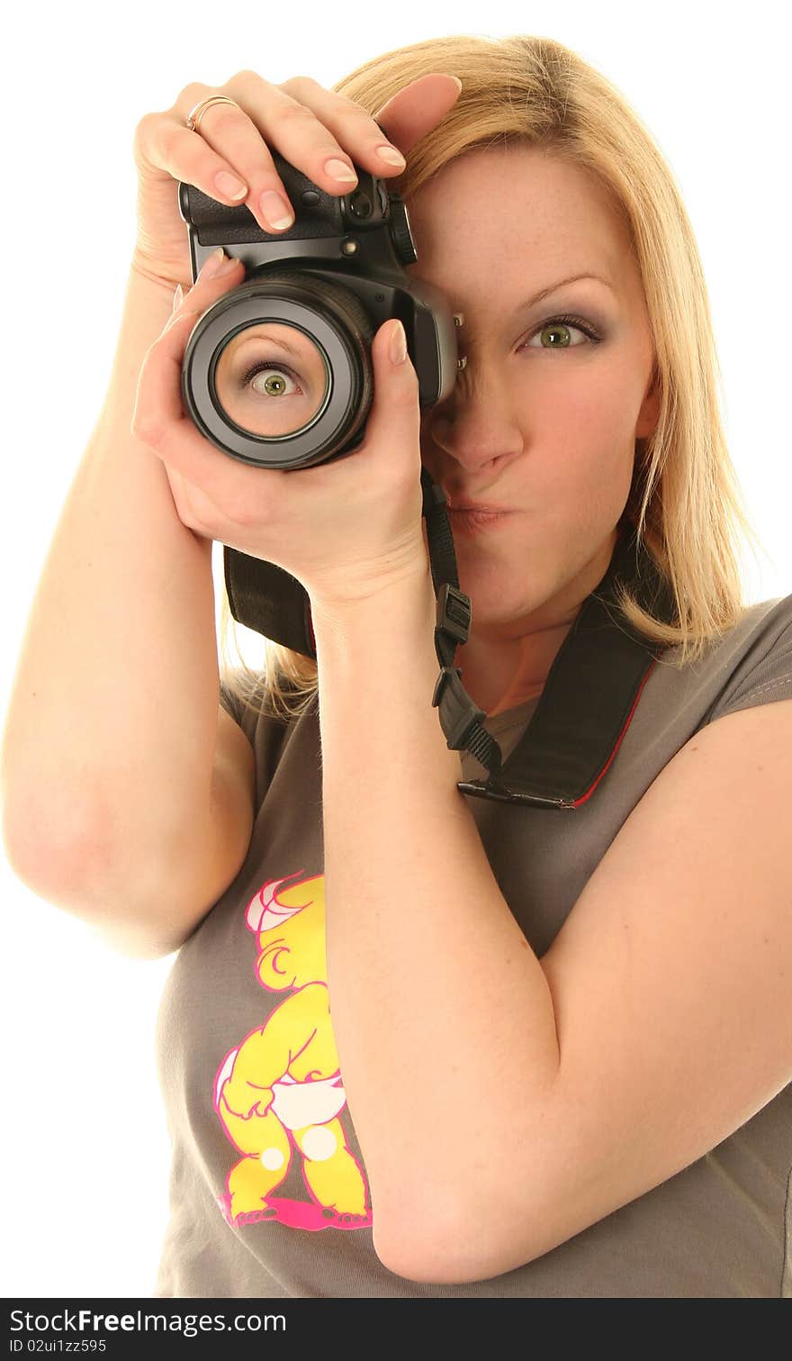 Funny woman with camera on white. Funny woman with camera on white