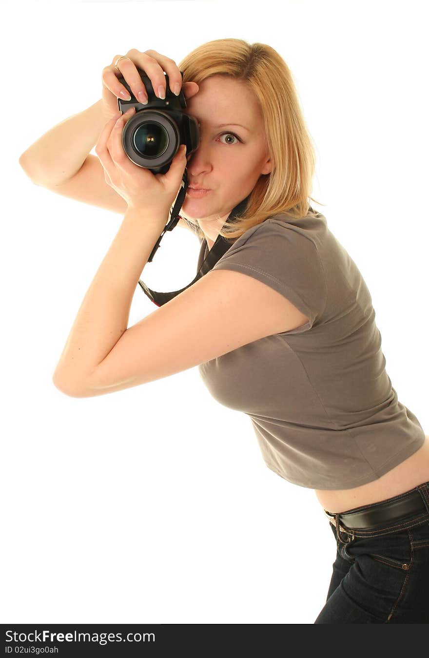 Funny woman with camera on white. Funny woman with camera on white