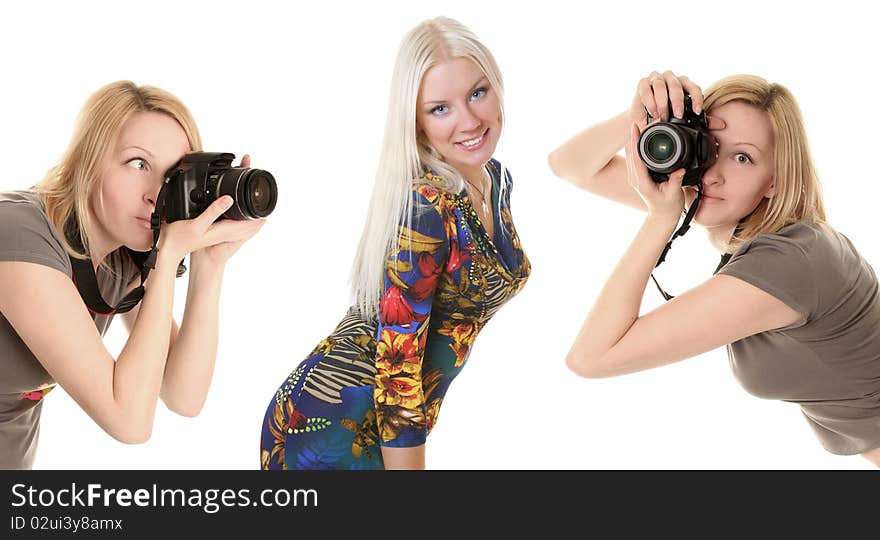 Funny woman with camera on white. Funny woman with camera on white