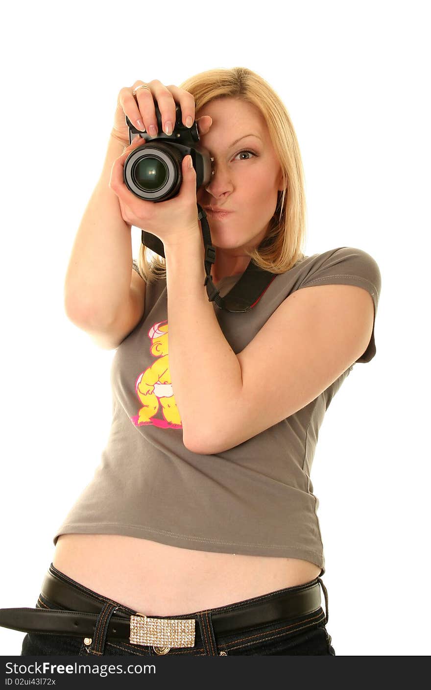 Funny woman with camera on white. Funny woman with camera on white