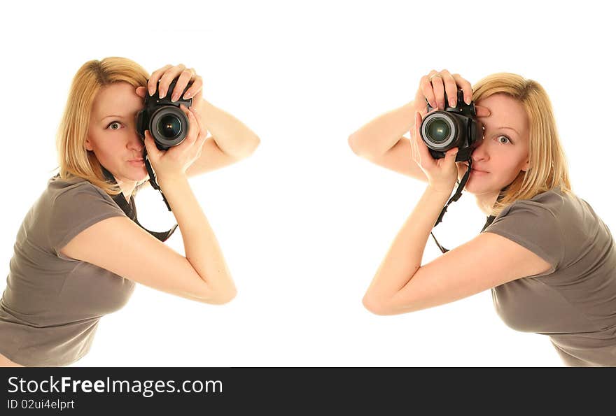 Funny woman with camera on white. Funny woman with camera on white