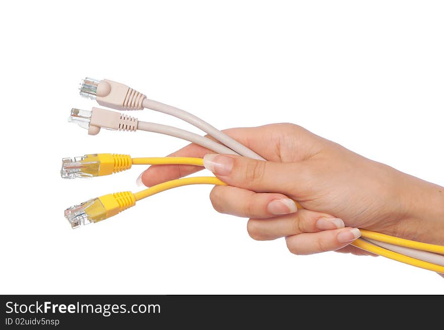 Woman holding power LAN cord in the hand. Woman holding power LAN cord in the hand