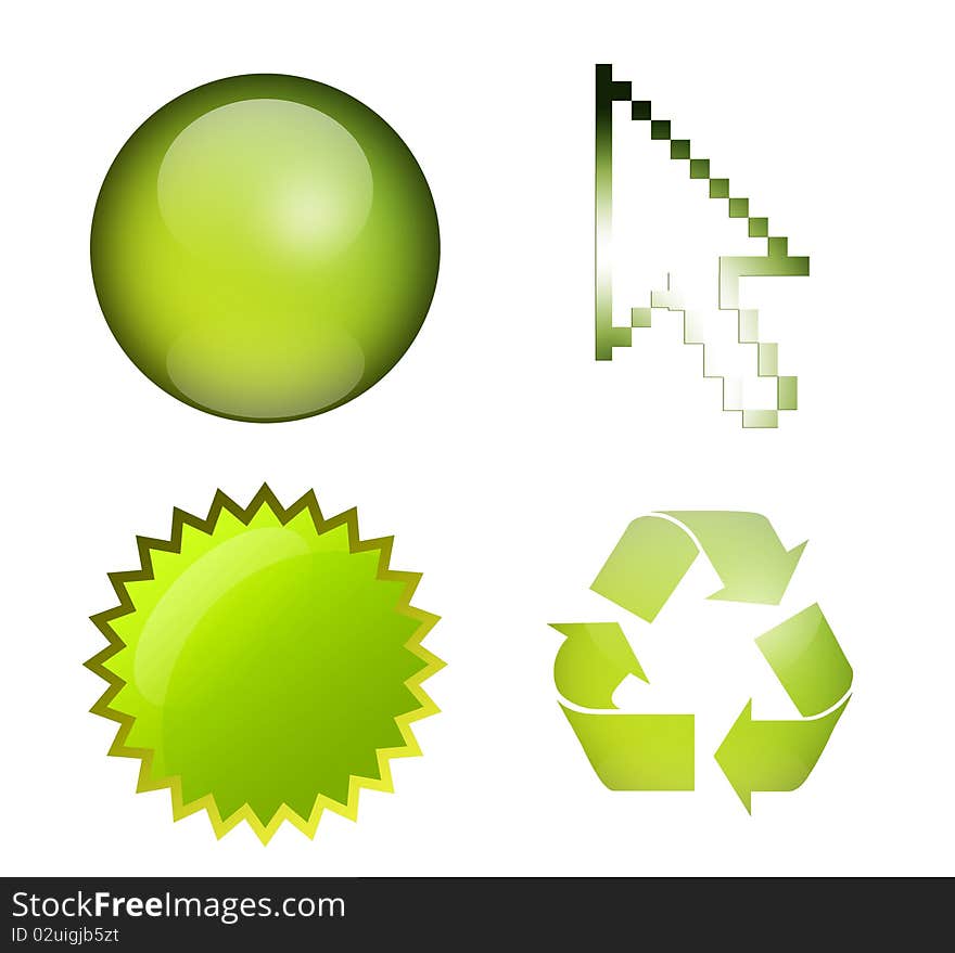 Sphere, mouse pointer, label, and recycle symbol, green elements, isolated illustrations. Sphere, mouse pointer, label, and recycle symbol, green elements, isolated illustrations