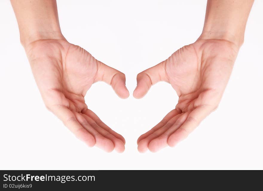 Hands forming a heart on a white background