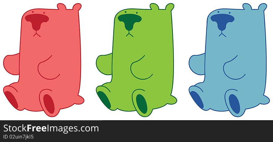 Red, green and blue cartoon bear seat next to each other. Red, green and blue cartoon bear seat next to each other.