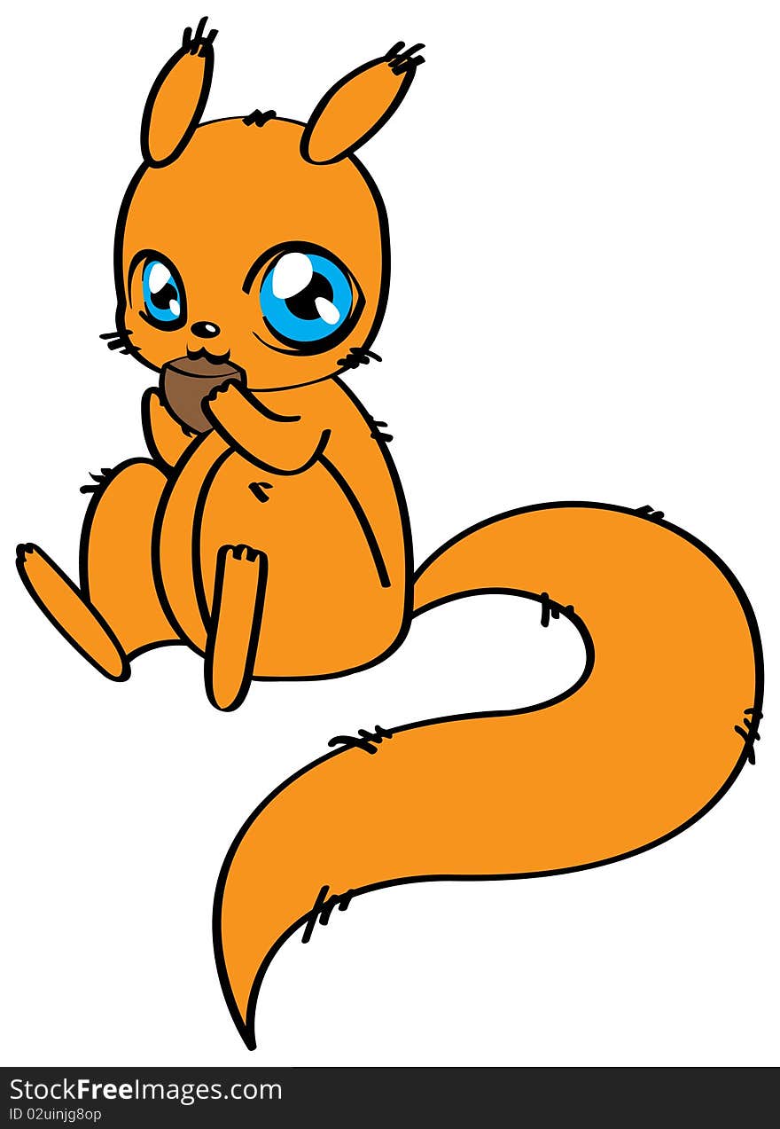 Cute little orange cartoon squirrel eats a nut.