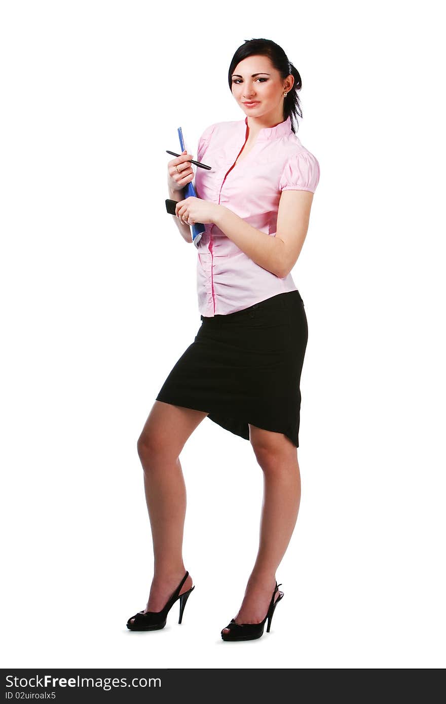 Picture of a charming young girl in pink blouse and black skirt on white background. Picture of a charming young girl in pink blouse and black skirt on white background.