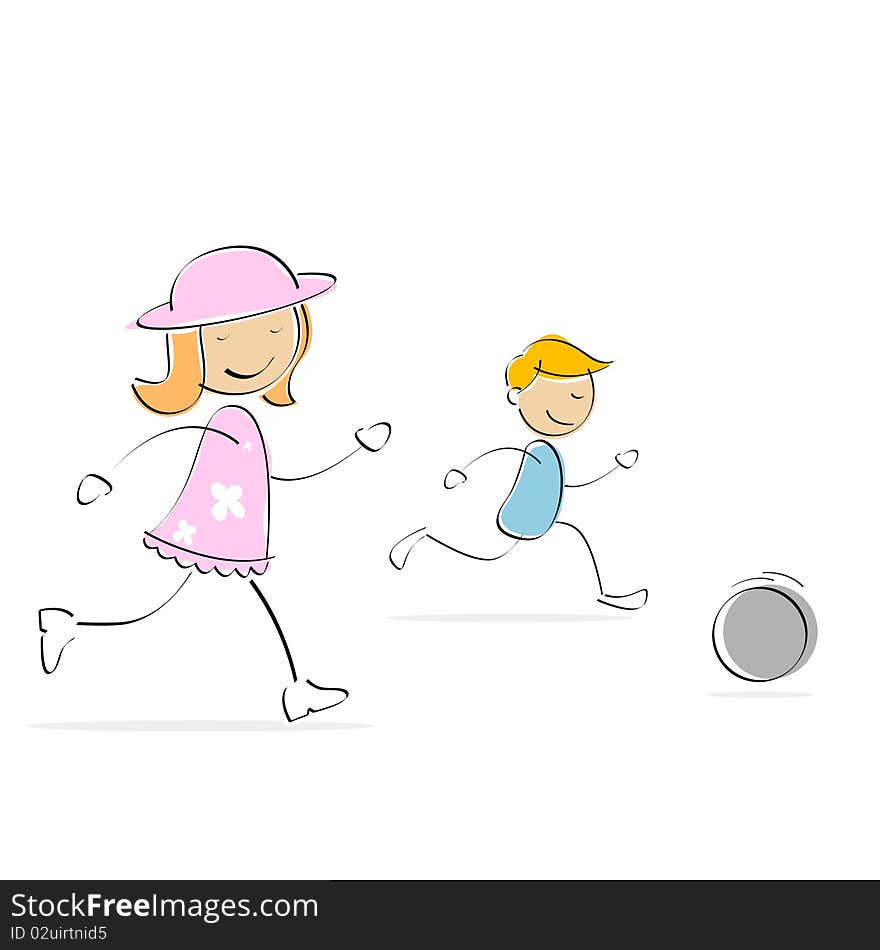 Illustration of kids running behind soccer ball on an isolated white background. Illustration of kids running behind soccer ball on an isolated white background