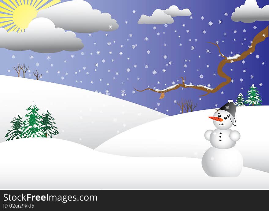 Snowman against the winter landscape. vector. Snowman against the winter landscape. vector.