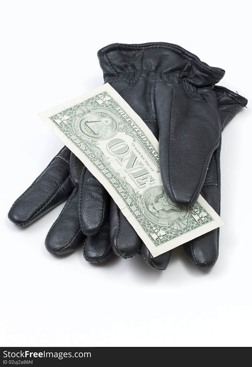 Black Leather Gloves With Dollar Bills