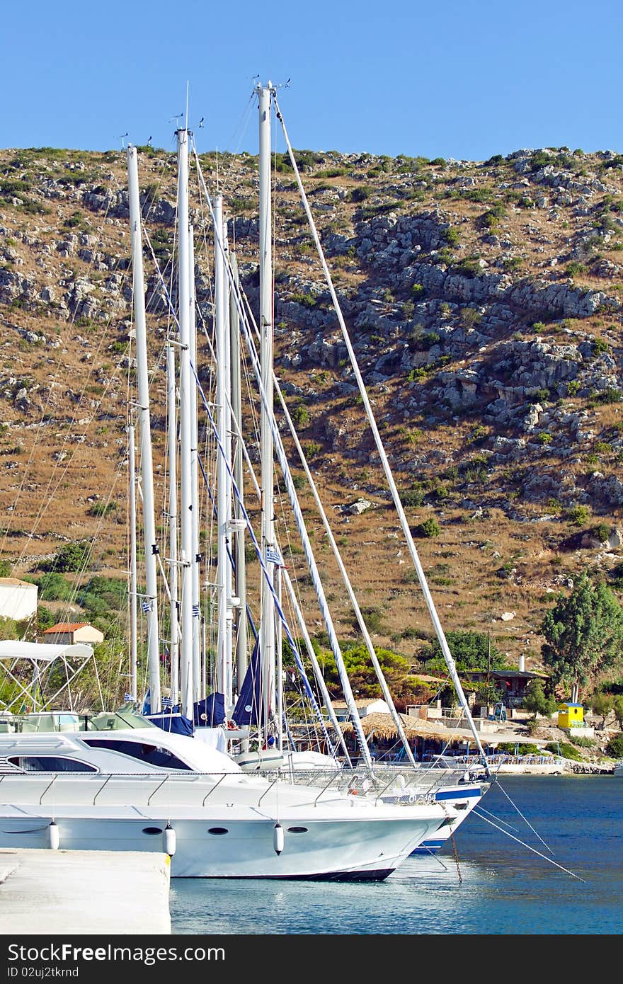 Yachts Or Sailbouts On An Anchor In Harbor