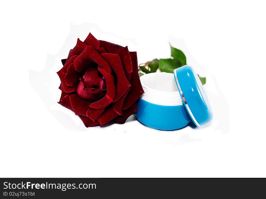 Cosmetic creams and roses isolated on white background. Cosmetic creams and roses isolated on white background