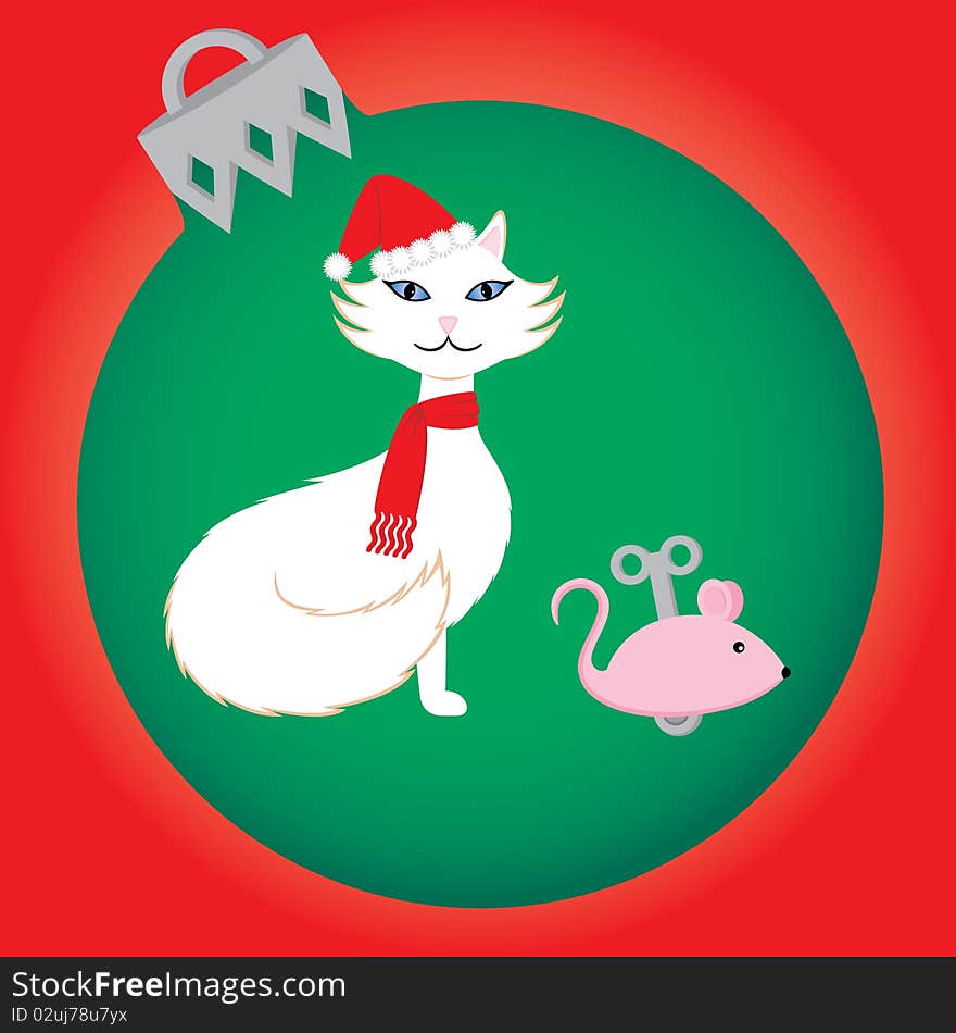 A White Christmas Cat with hat and scarf is happy with his windup toy mouse.