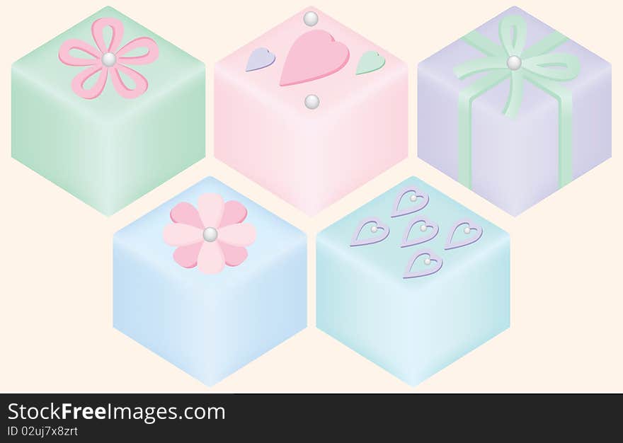 A variety of pretty pastel petit four cakes. A variety of pretty pastel petit four cakes.