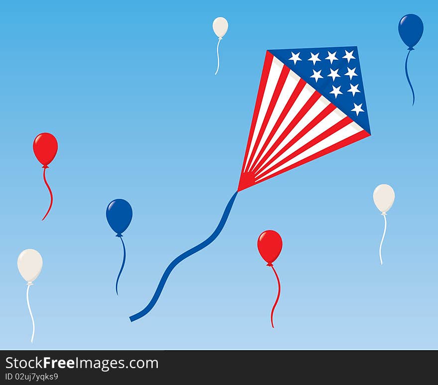 A stars and stripes kite flies with red, white and blue balloons. A stars and stripes kite flies with red, white and blue balloons.