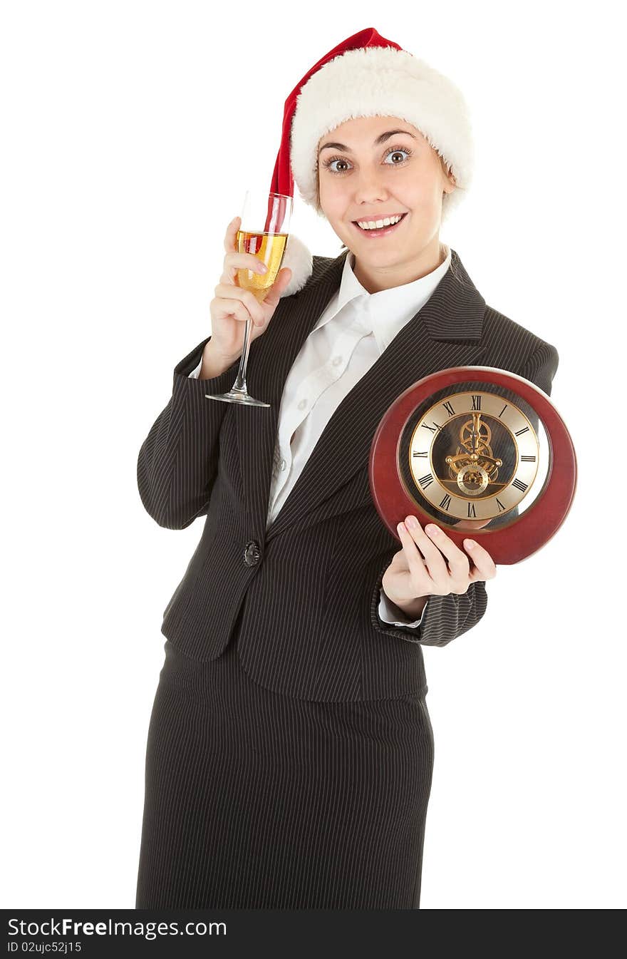 Portrait of business girl in Santa hat and with champagne