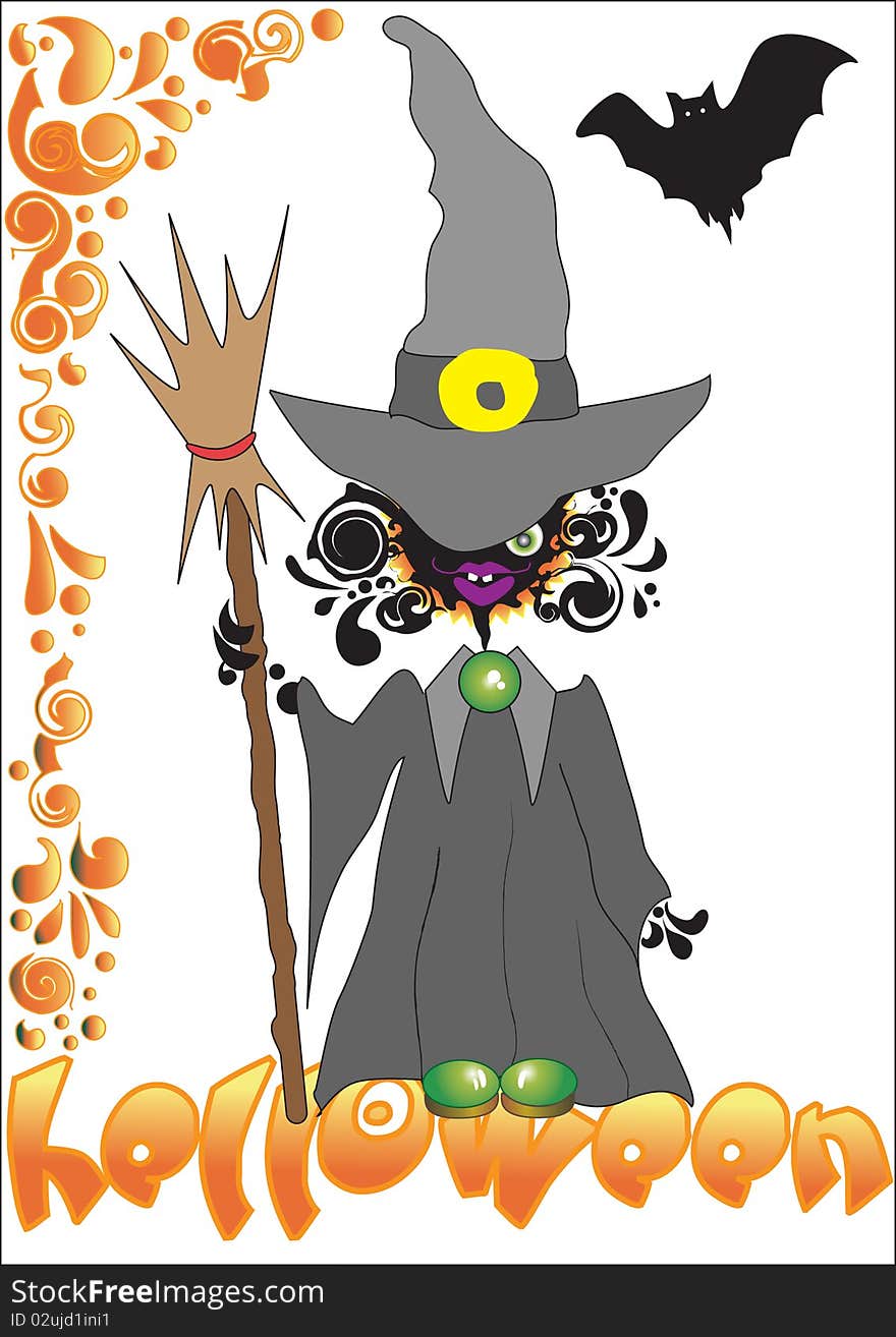 A nice funny illustration of smiling glamorous wizard and bat with abstract ornament. A nice funny illustration of smiling glamorous wizard and bat with abstract ornament