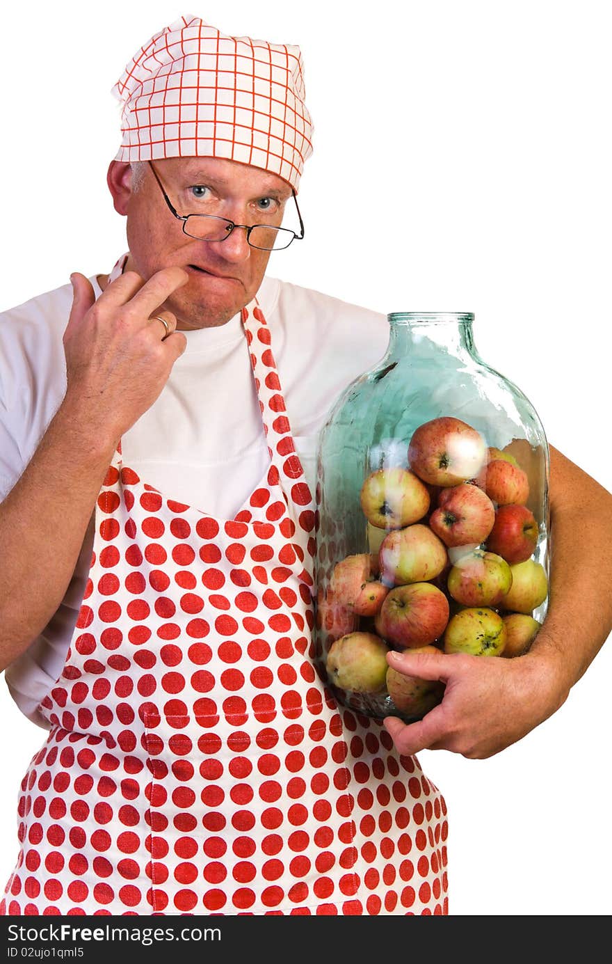 A man with huge jar filled with apples