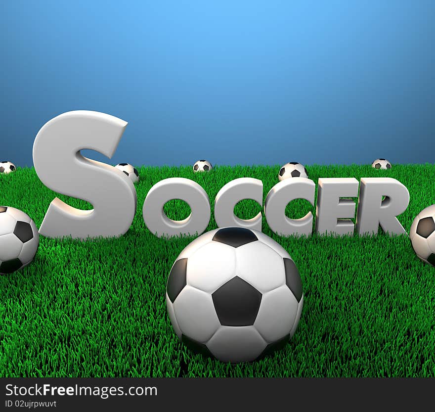 3D rendered scene with grass and soccer balls. 3D rendered scene with grass and soccer balls.