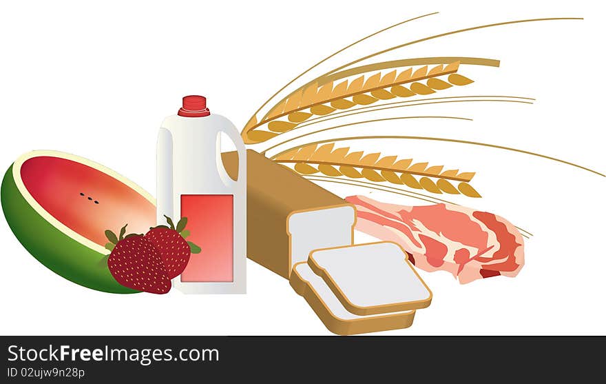 Illustration of bread milk fruit and meat against white background. Illustration of bread milk fruit and meat against white background