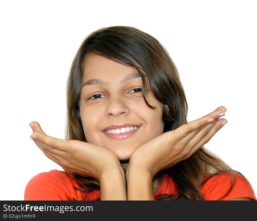 Portrait of cheerful long-haired caucasian teenage girl isolated over white background. Portrait of cheerful long-haired caucasian teenage girl isolated over white background