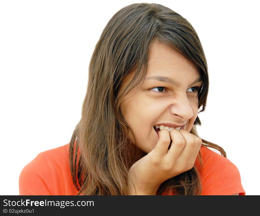 Portrait of upset long-haired caucasian teenage girl isolated over white background. Portrait of upset long-haired caucasian teenage girl isolated over white background