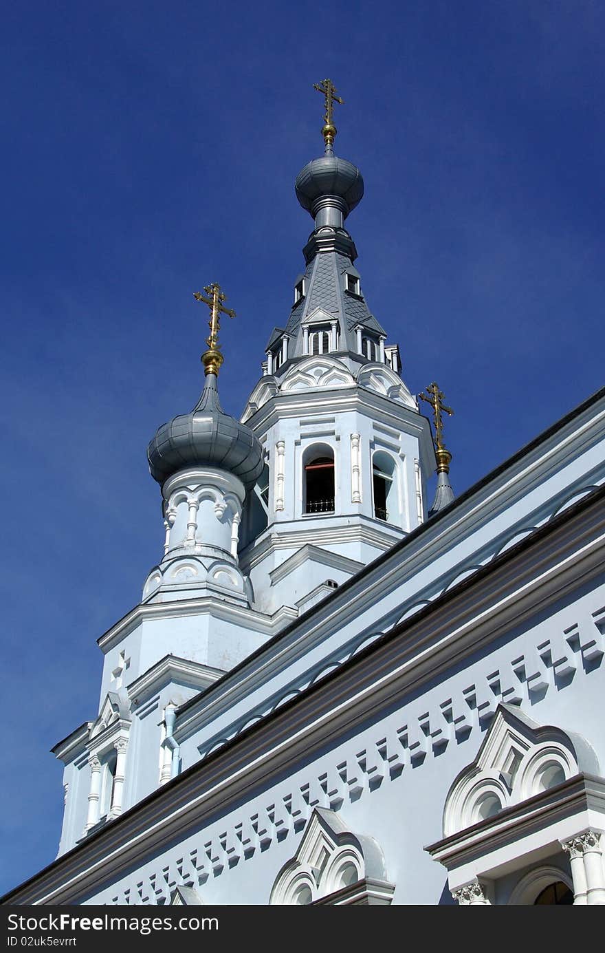 Domes of orthodox cathedral in Kronshtadt, Saint-Petersburg, Russia