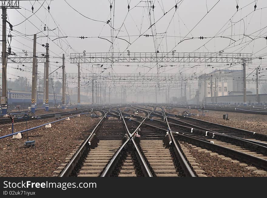 View into a misty railway station in Moscow, Russia. View into a misty railway station in Moscow, Russia