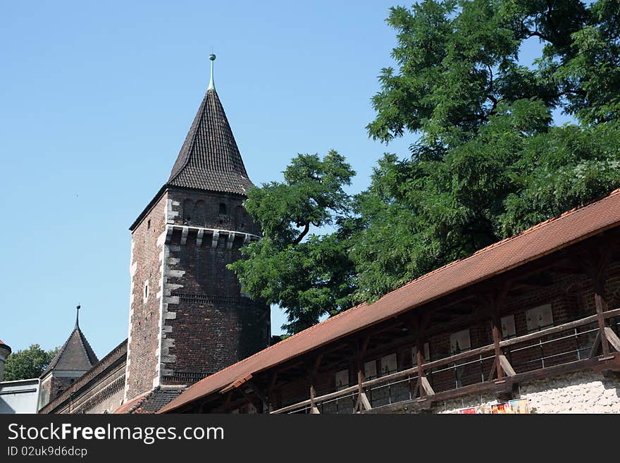 The old city walls next to the gate of St Florian in Krakow, Poland