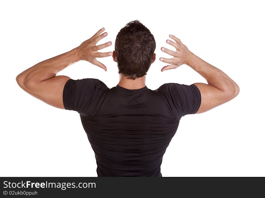 A really strong mans back and shoulders with shirt on. A really strong mans back and shoulders with shirt on.