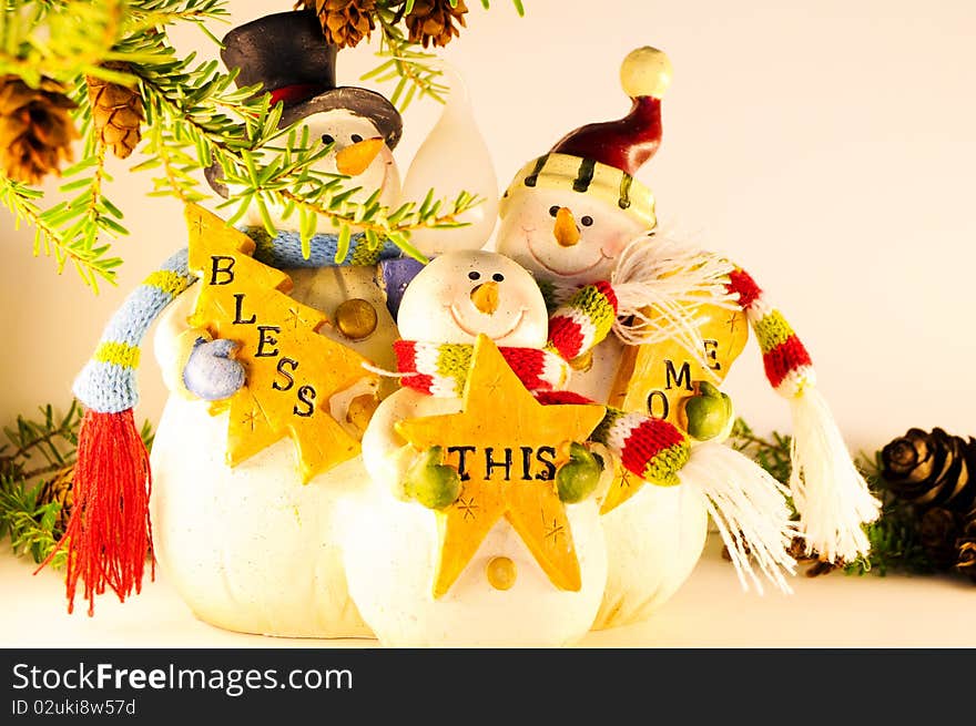 Decorations for christmas with evergreen and snowmen. Decorations for christmas with evergreen and snowmen