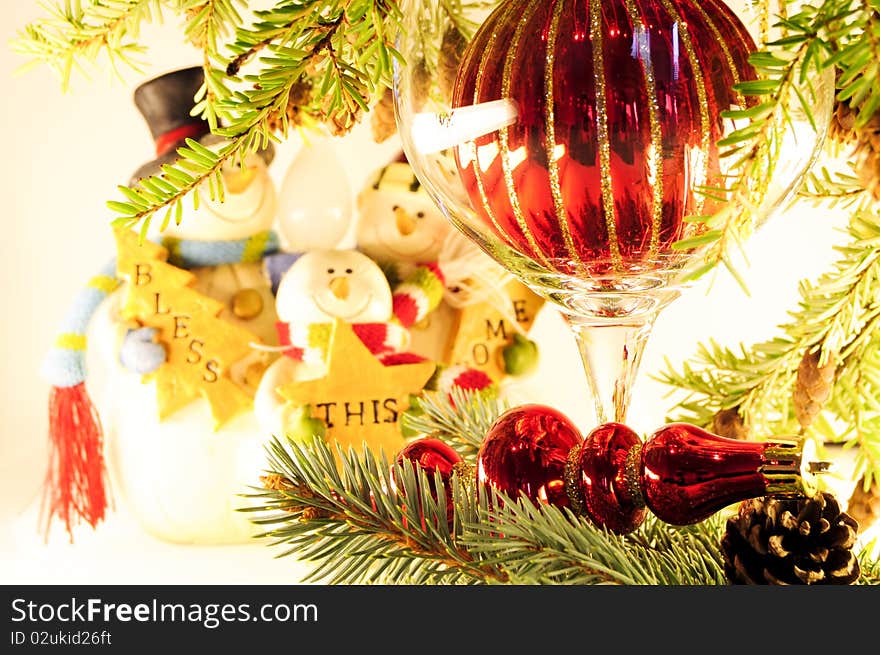 Decorations for christmas with evergreen and snowmen. Decorations for christmas with evergreen and snowmen