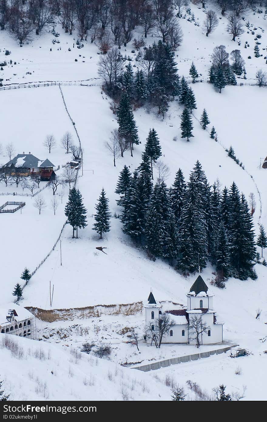 Old Monastery in Mountains, in Winter