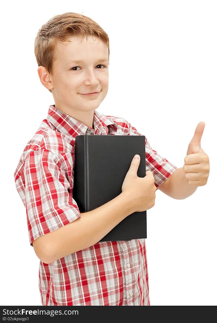 Happy school boy with thumbs up isolated on white