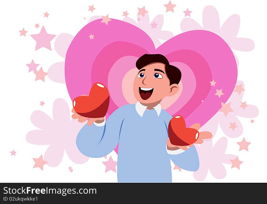 Image of a man who is holding two hearts happily in his hand on valentine