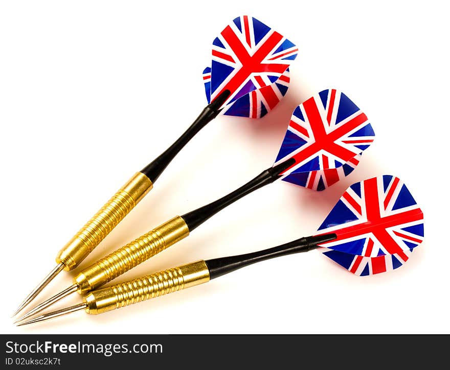 Set of Thee Playing darts with union jack flight on white background