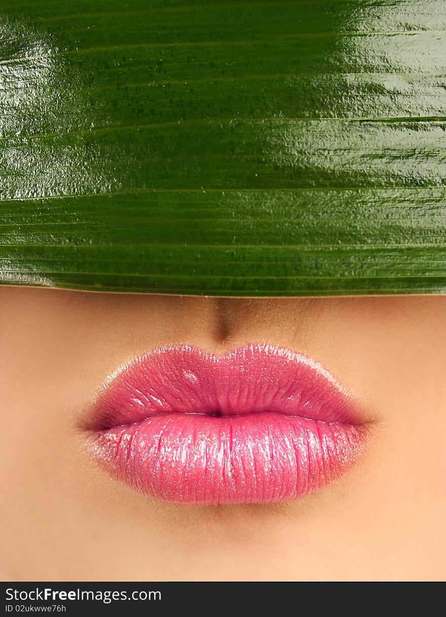 Sexy lips and green leaf. Sexy lips and green leaf