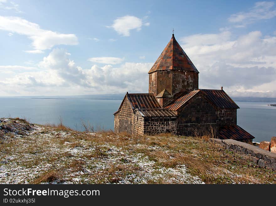 Background of Armenian monastery on the bank of Sevan Lake. Background of Armenian monastery on the bank of Sevan Lake