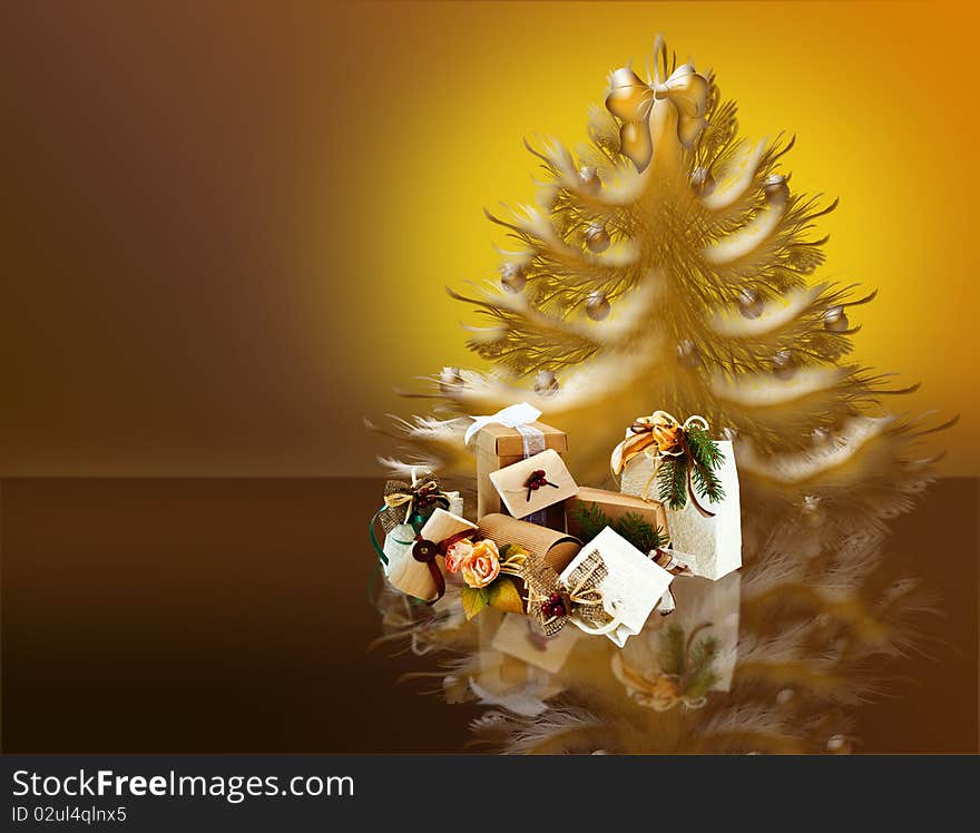 Christmas packages and Christmas tree on gradient background. Christmas packages and Christmas tree on gradient background