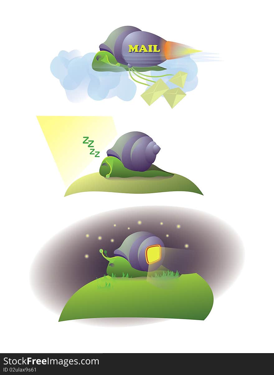 Snail-postman, sleeping snail and snail-home on the white background. Snail-postman, sleeping snail and snail-home on the white background