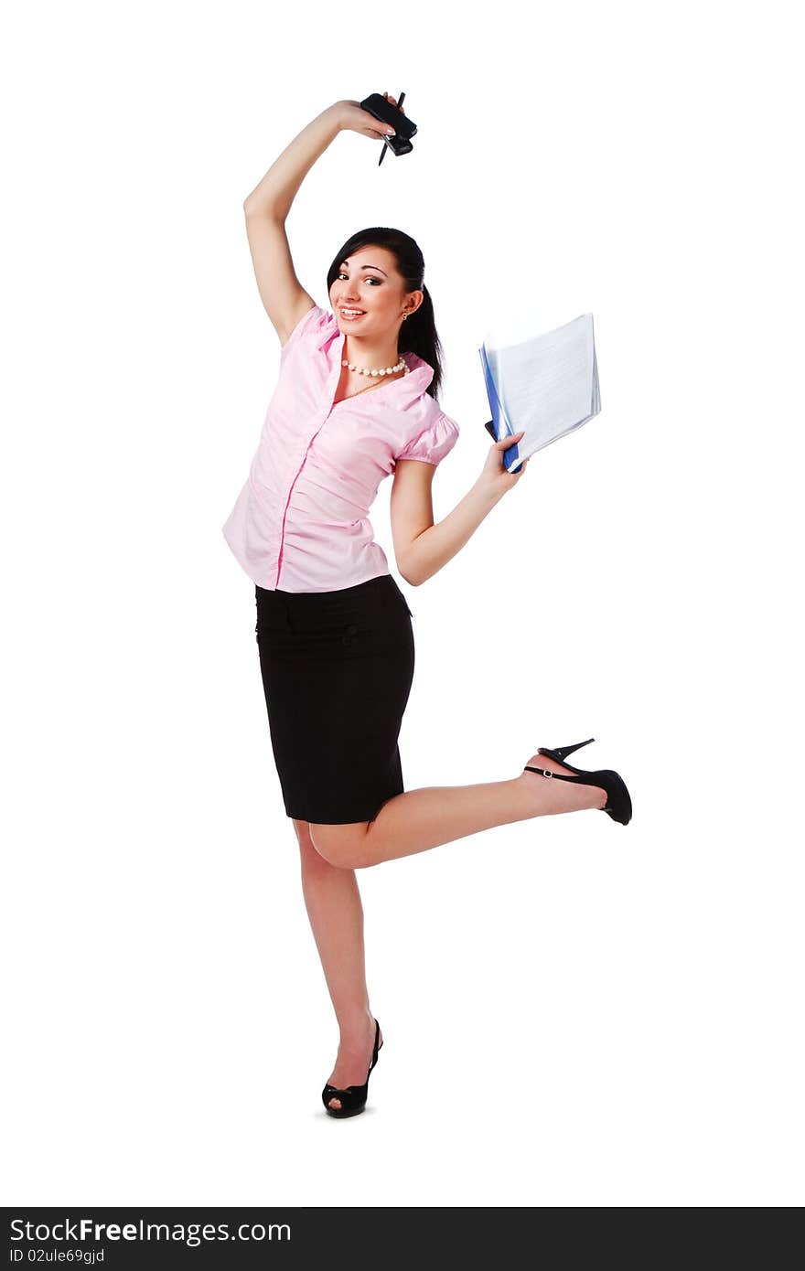 Picture of a attractive young girl in pink blouse and black skirt on white background. Picture of a attractive young girl in pink blouse and black skirt on white background.