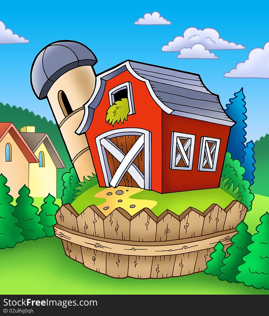 Red barn with fence on countryside - color illustration.