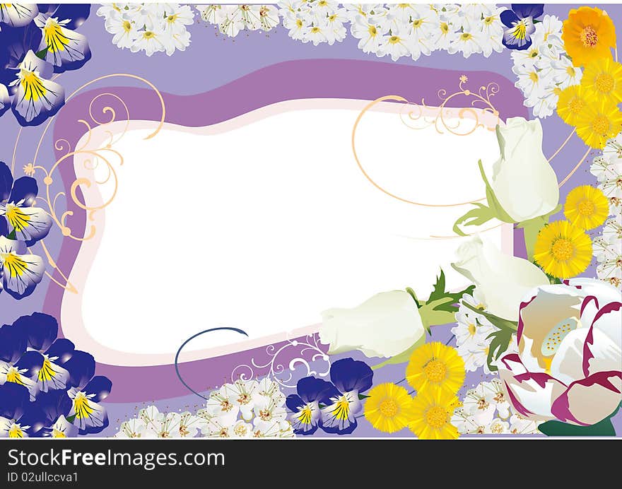 Illustration with lilac, yellow and white floral frame