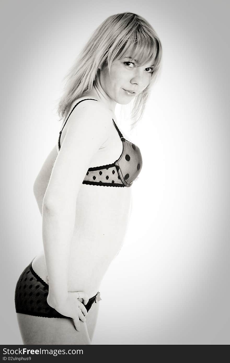 Girl in underwear. Black and white