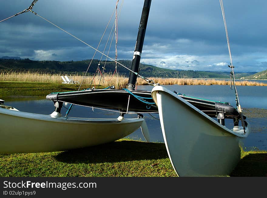 Catamaran resting on the shoreside